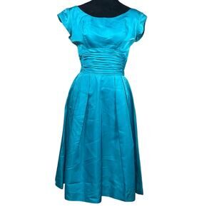 Vintage 50s Blue Cocktail Dress Lipman's Back Bow Floral Detail Women's XS